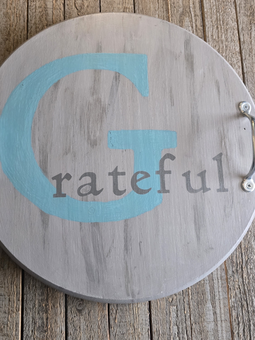 Handmade Wood Decorative Round Tray- Grateful in Light Blue and Gray